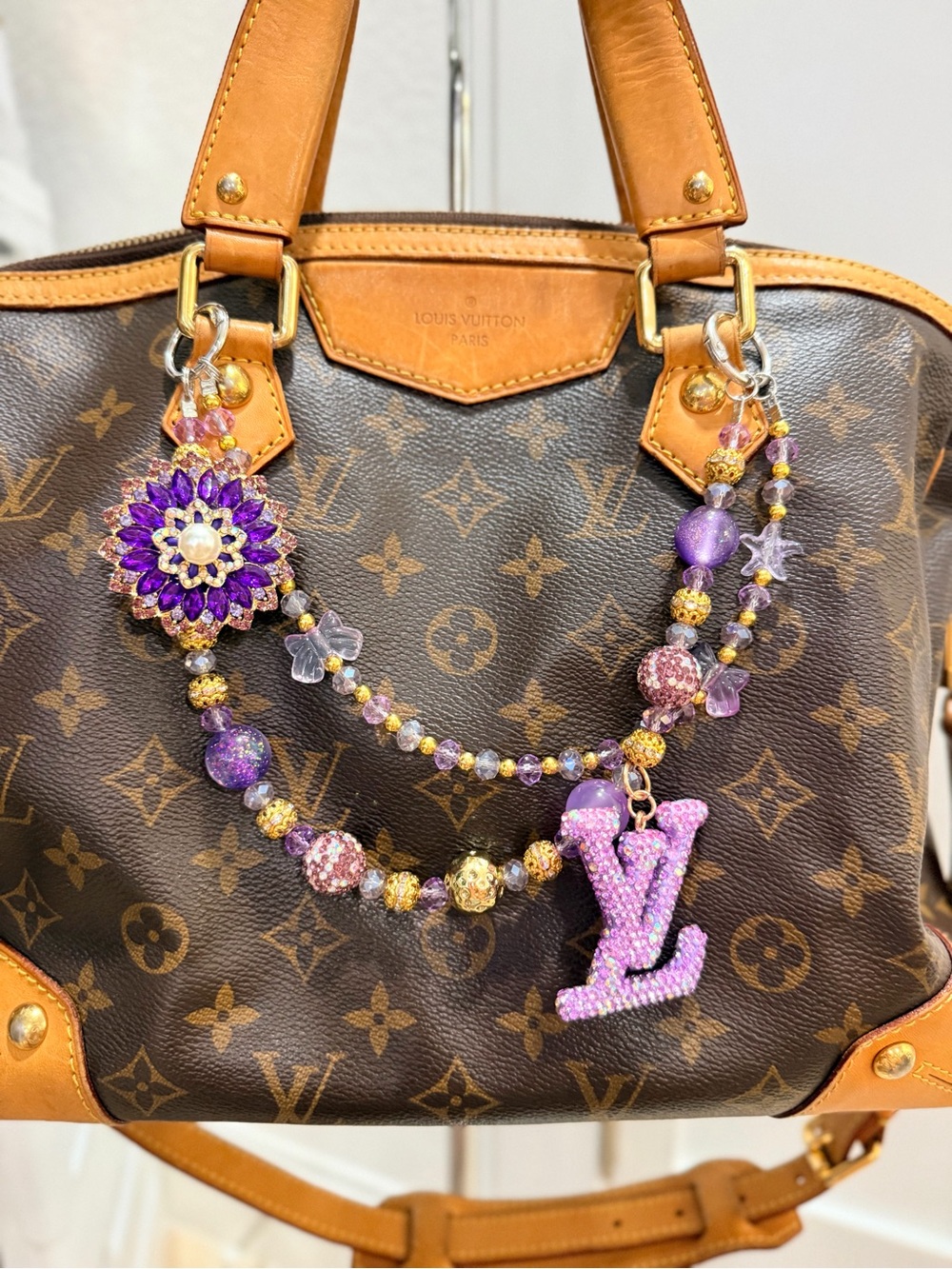 Purple Crystal Double-Strand Handbag Logo Charm Chain Floral Purse Jewelry